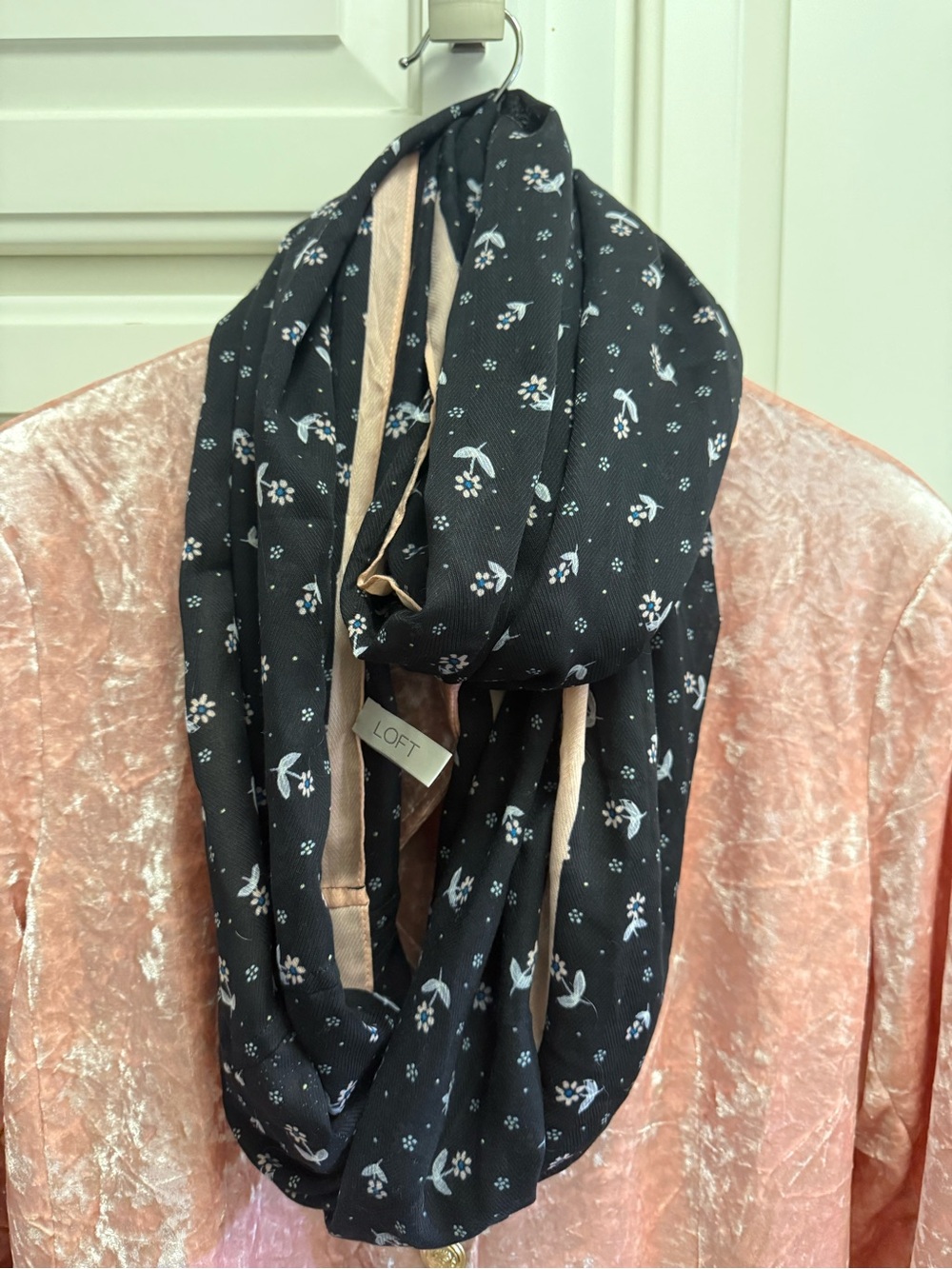 LOFT Black Floral Infinity Scarf with Cream Trim